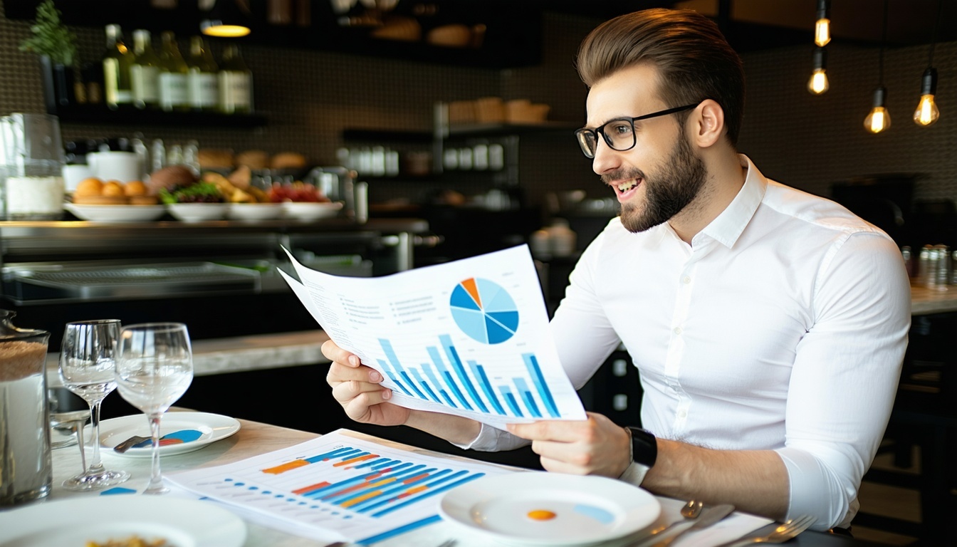 Restaurant manager reviewing marketing and sales analytics